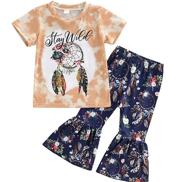 Stay Wild Tie-Dye Tee & Floral Flare Pants Dream Catcher 2pcs Little Girl - Picture 2 of 5